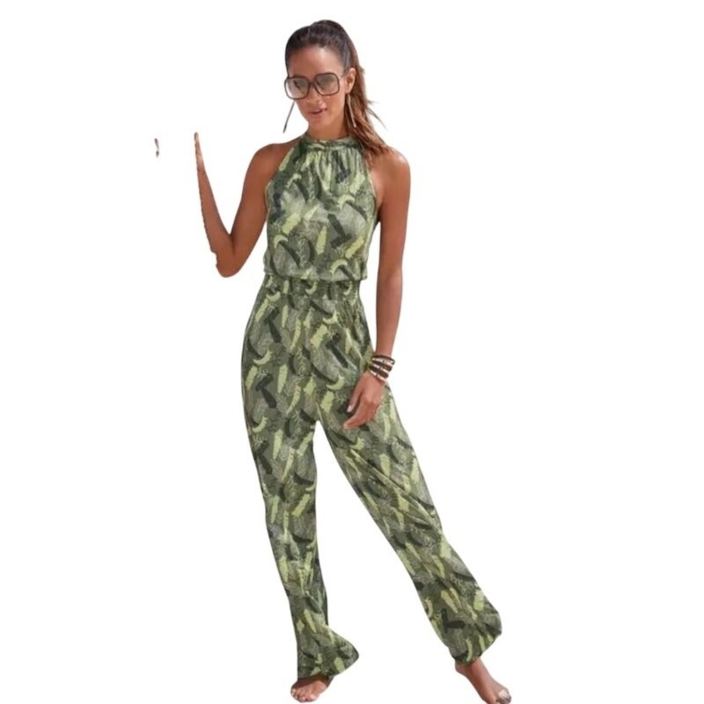 Lascana Green Tropical Halter Neck Jumpsuit US 14 Resort Vacation Botanical